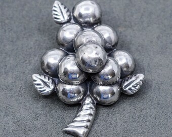 Vintage huge handmade puffy sterling 925 silver grapes brooch, stamped made in mexico