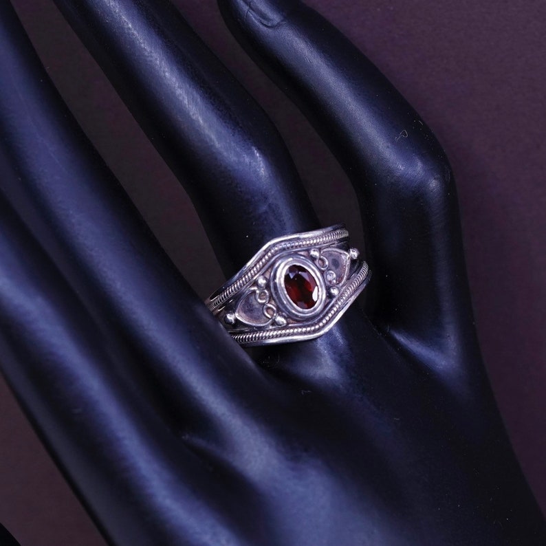 silver tested 310704 Size 7 solid 925 band with ruby and Bali Sterling silver handmade ring vintage
