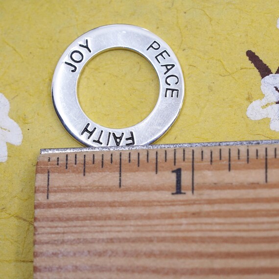 Vintage sterling silver handmade pendant, 925 circle with faith peace joy embossed, stamped 925 View 5
