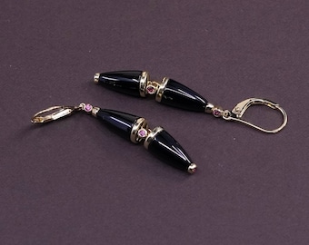Vintage (300570) Vermeil, Gold über Sterling Silber, handgefertigte Ohrringe, massiv 925 Silber mit Obsidian Anhänger und Rubin Details, gestempelt 925
