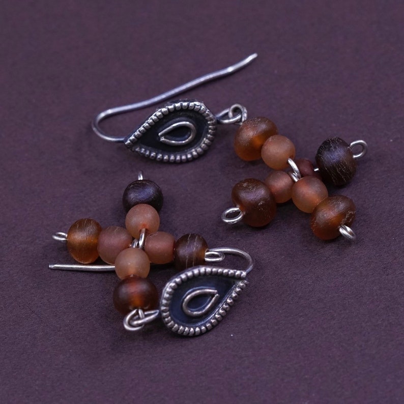 Sterling silver handmade earrings 300717 solid 925 silver teardrop with beads cross stamped 925 Vintage