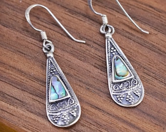 Vintage Sterling silver handmade earrings, 925 teardrop with abalone Inlay, stamped 925