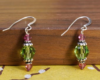 Vintage Sterling silver handmade earrings, 925 hooks with green crystal beads, stamped 925