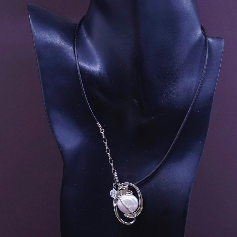 vintage 340210 stamped 925 M 925 silver pearl Pendant with leather chain 15+2 Sterling silver handmade necklace