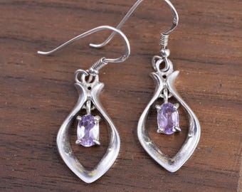 Vintage Sterling 925 silver handmade teardrop earrings with amethyst, stamped 925