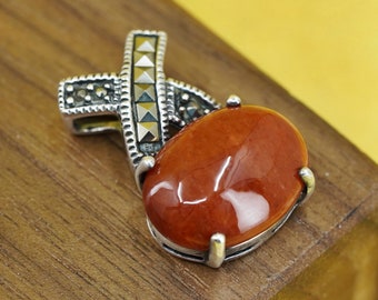 Vintage Sterling 925 silver handmade pendant with jasper and marcasite, stamped 925