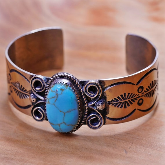 Signed Swirling Silver Works Vintage Native American Navajo Turquoise Leaf Bracelet Signed Swirling Silver Works Vintage Native American Navajo Turquoise Leaf Bracelet