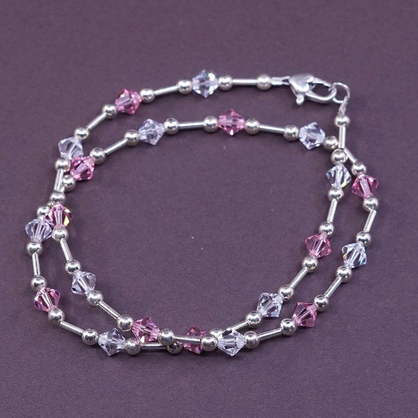 16" Vintage (340022) Sterling silver necklace, solid 925 silver beads with pink crystal beads, stamped 925