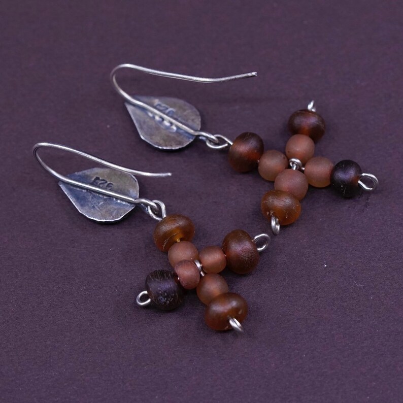 Sterling silver handmade earrings 300717 solid 925 silver teardrop with beads cross stamped 925 Vintage
