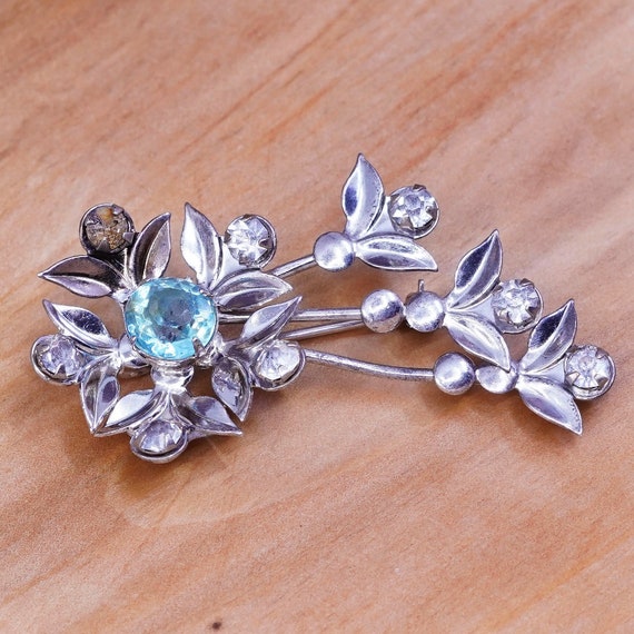 Broche Art Déco En Aluminium Gravé De Palmettes - Peinte Bleu Et Argent - Occasion