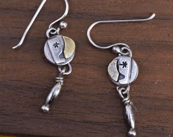 vintage Far Fetched two tone sterling 925 silver handmade tag earrings with copper moon, stamped Far Fetched 925