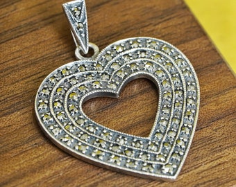Vintage Sterling silver handmade pendant, 925 heart with marcasite details, stamped sterling