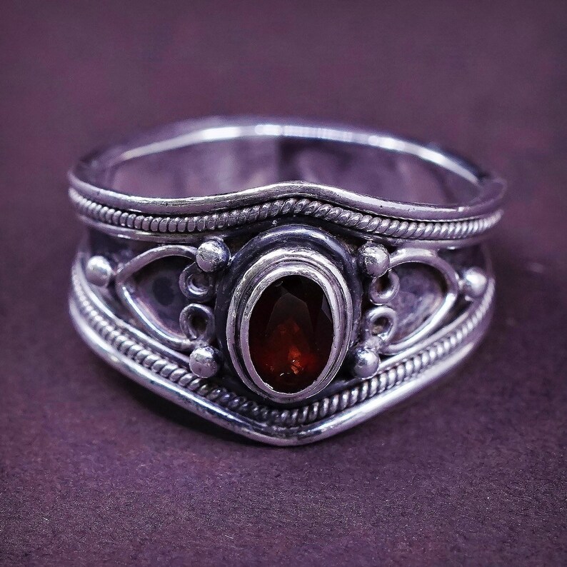 silver tested 310704 Size 7 solid 925 band with ruby and Bali Sterling silver handmade ring vintage