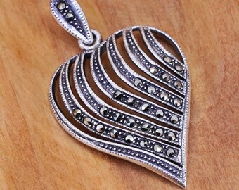 Vintage Sterling silver handmade pendant, 925 heart with marcasite details, stamped 925