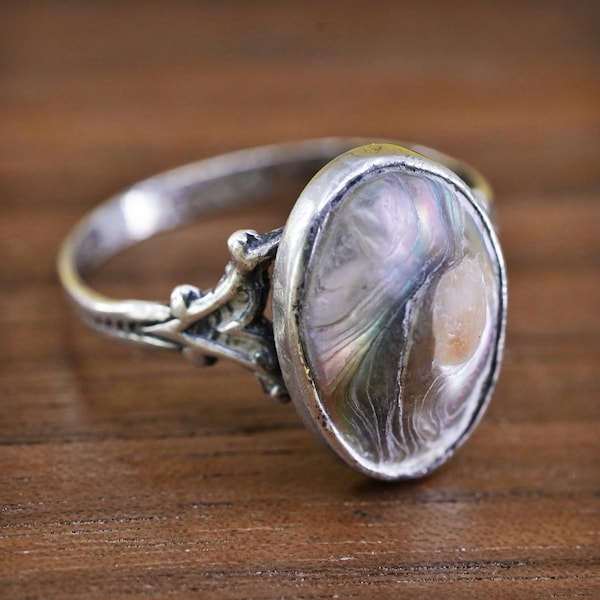 Size 11, vintage southwestern Sterling Silver 925 Domed Abalone Blister pearl Ring, stamped sterling