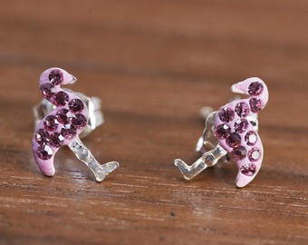 Vintage Sterling 925 silver cluster pink Cz flamingo bird studs, earrings, stamped 925