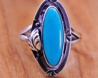 Size 9, vintage Sterling silver handmade ring, jewelry, southwestern 925 with turquoise and leaf, stamped sterling GFS 925