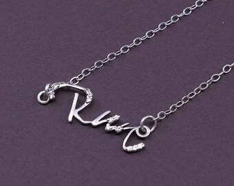16”, 2mm, vintage Sterling silver necklace, solid 925 silver circle link chain with word “run” pendant and cz Inlay, stamped 925