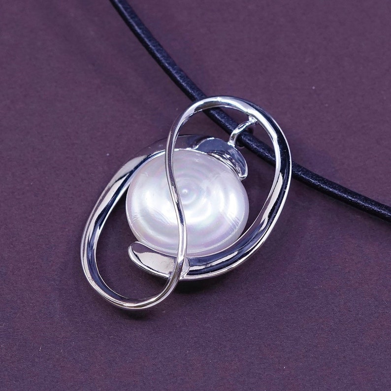 vintage 340210 stamped 925 M 925 silver pearl Pendant with leather chain 15+2 Sterling silver handmade necklace