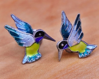 Vintage Sterling silver handmade earrings, 925 enamel hummingbird studs, Silver tested