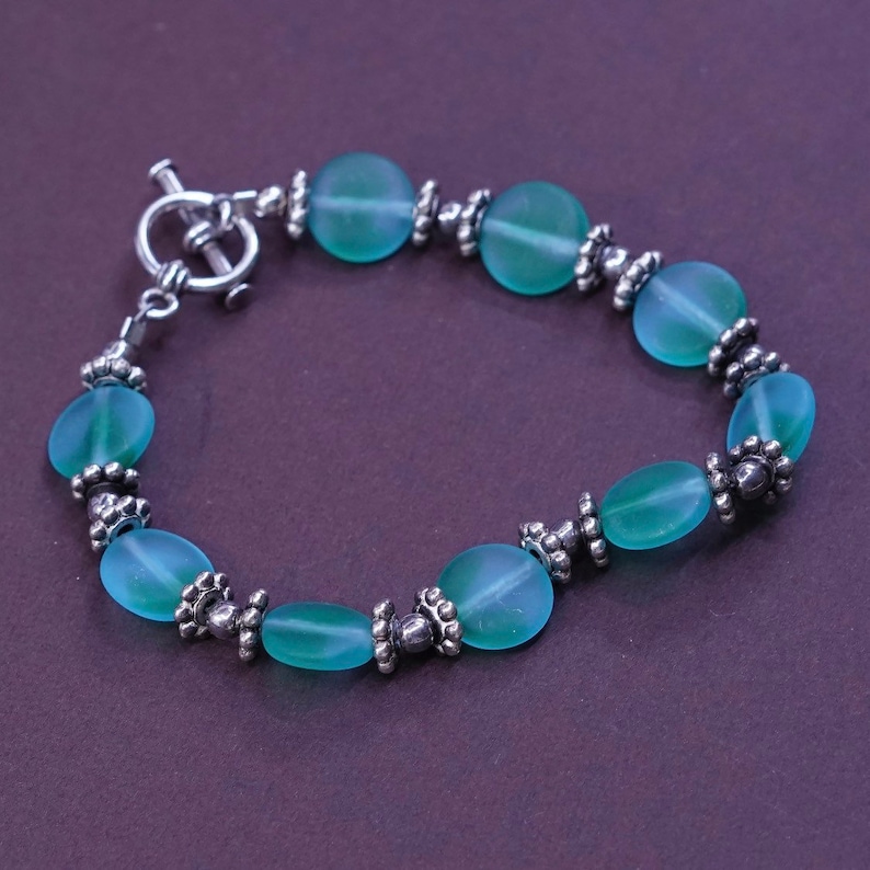 Vintage handmade 6 solid 925 silver clasp with green glass bracelet silver tested 330732 bracelet