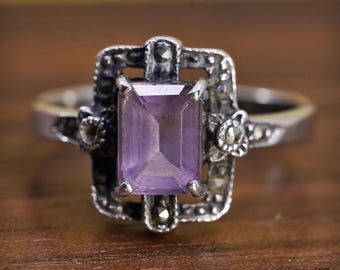 Talla 9.5, anillo vintage de plata de ley 925 hecho a mano con amatista y marcasitas, con sello 925.