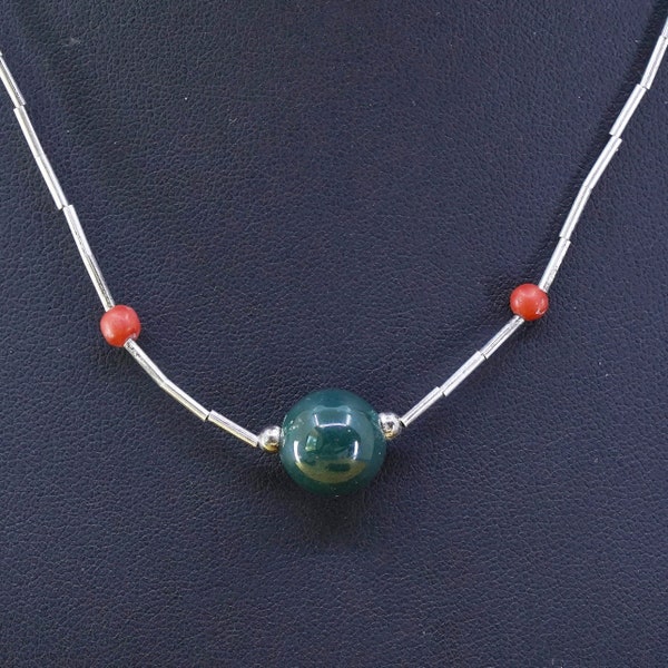 16” Vintage Sterling 925 handmade liquid silver necklace with jade beads, silver tested