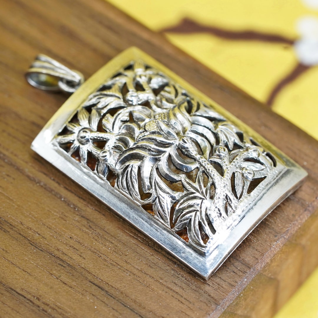 Vintage Sterling Silver Handmade Pendant, 925 Filigree Carved Flower ...