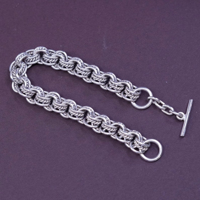 two tone Sterling silver bracelet with toggle closure 10mm solid Italy 925 silver bold birdcage chain bracelet vintage stamp 330334 7
