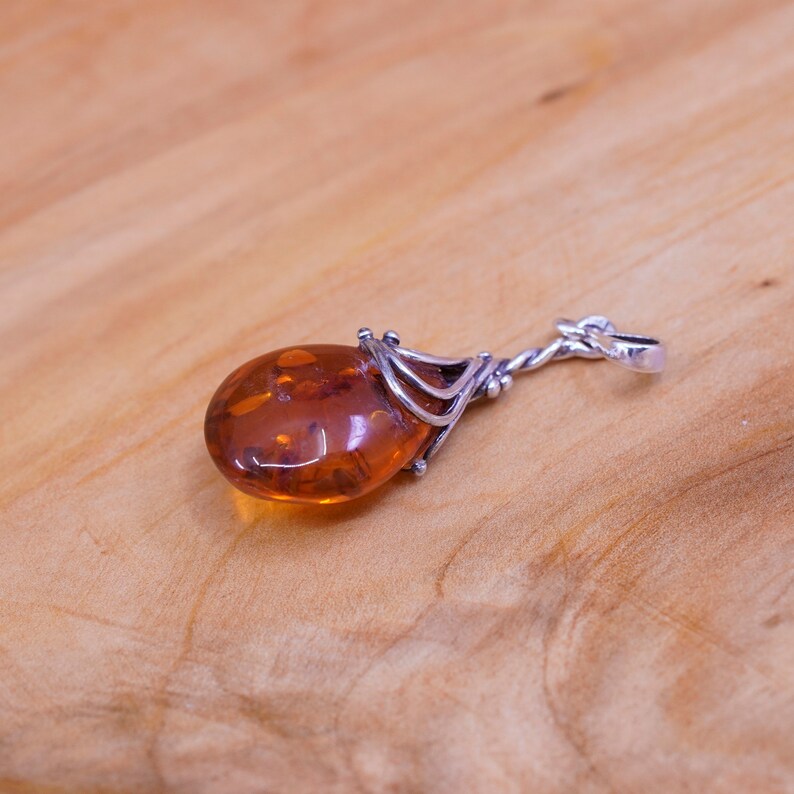 stamped 925 Vintage Sterling 925 silver handmade teardrop pendant with Amber pendant