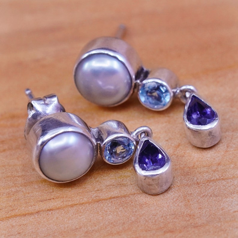southwestern 925 with pearl topaz and teardrop amethyst dangles Stamped 925 Vintage Sterling silver handmade earrings