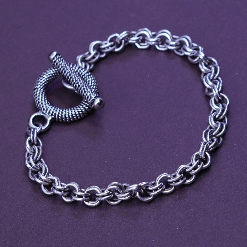 6.5\u201d vintage Sterling silver handmade charm bracelet silver tested 5mm 925 double circle link chain with toggle closure