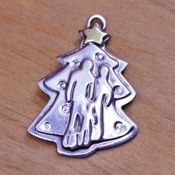 Vintage far fetched Sterling silver handmade charm, 925 Christmas tree and family of 3 pendant, silver tested