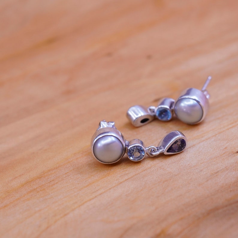 southwestern 925 with pearl topaz and teardrop amethyst dangles Stamped 925 Vintage Sterling silver handmade earrings