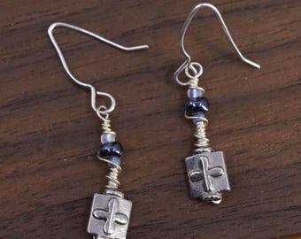 Vintage Sterling silver handmade earrings, 925 wired dangles with cross dangles, stamped 925