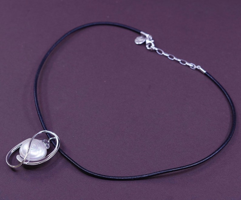 vintage 340210 stamped 925 M 925 silver pearl Pendant with leather chain 15+2 Sterling silver handmade necklace
