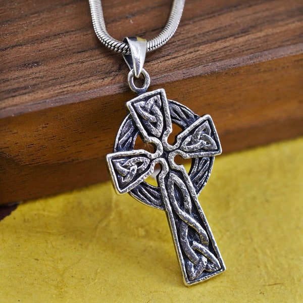 20” 2mm, Vintage Sterling silver handmade pendant, 925 irish Celtic cross with snake chain, stamped 925 Italy