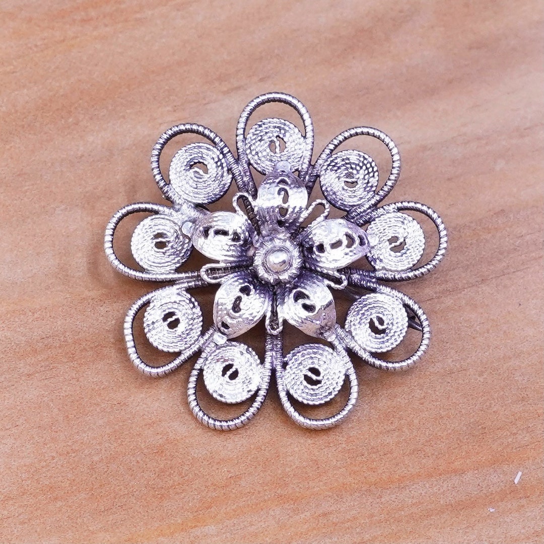 Broche ancienne argent filigrané « fleurs »1970 - Montres & Bijoux
