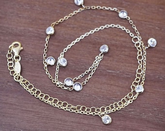 12+4” 1mm, vintage turkey vermeil gold over Sterling silver necklace, 925 circle chain with cz bead, stamped 925 turkey