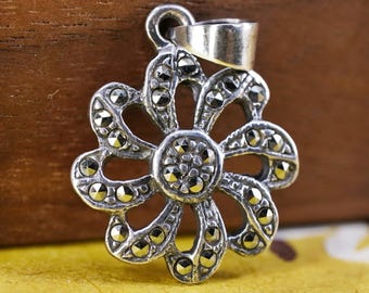 Vintage Sterling silver handmade pendant, flower 925 charm with marcasite, stamped 925