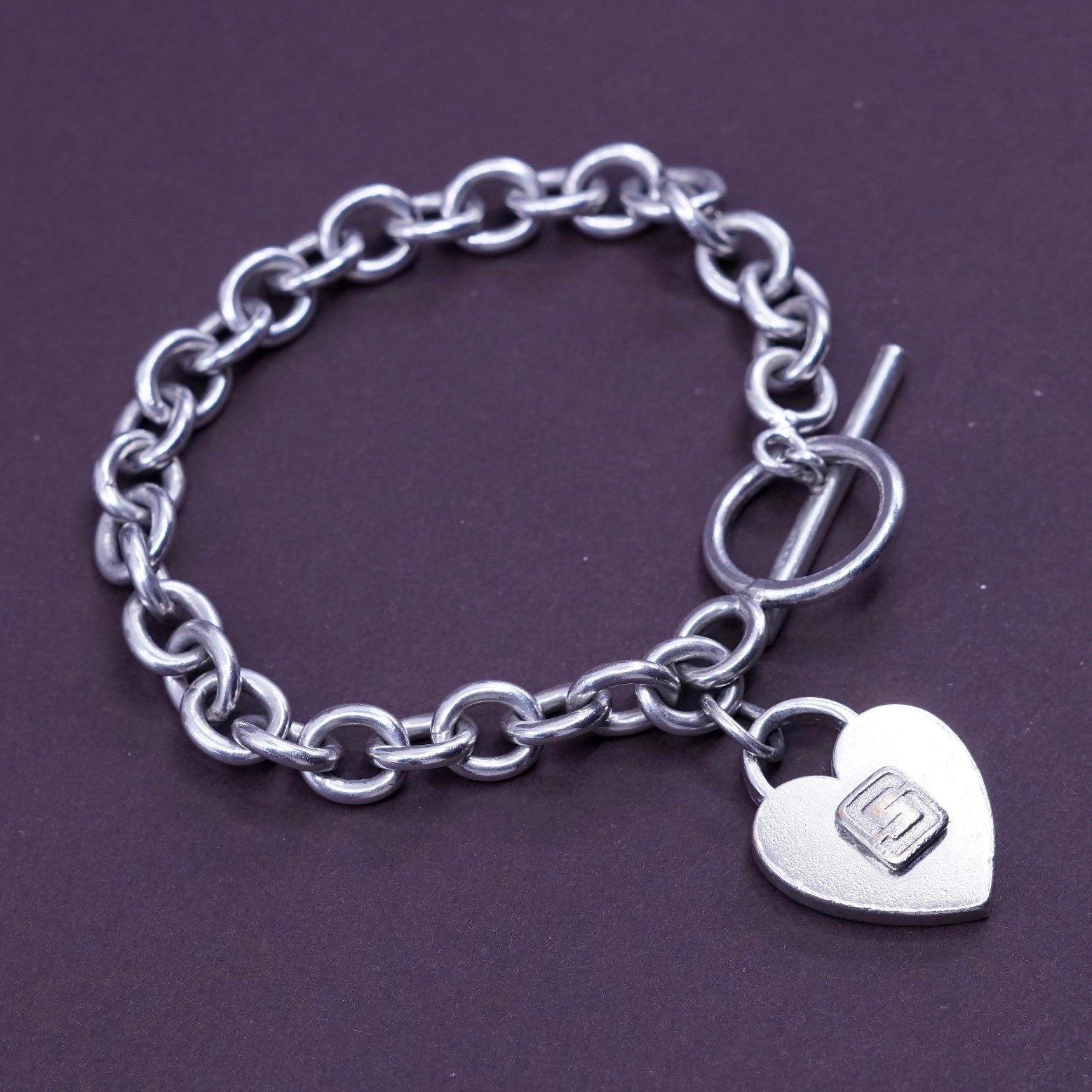 6.75 8mm Vintage Terryberry Sterling Silver Handmade Charm Bracelet 925 Bold Circle Chain With Toggle Closure and Heart Charm Stamped 9 Etsy