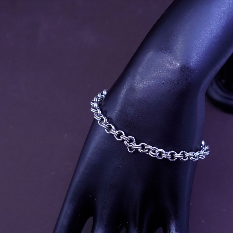 6.5\u201d vintage Sterling silver handmade charm bracelet silver tested 5mm 925 double circle link chain with toggle closure