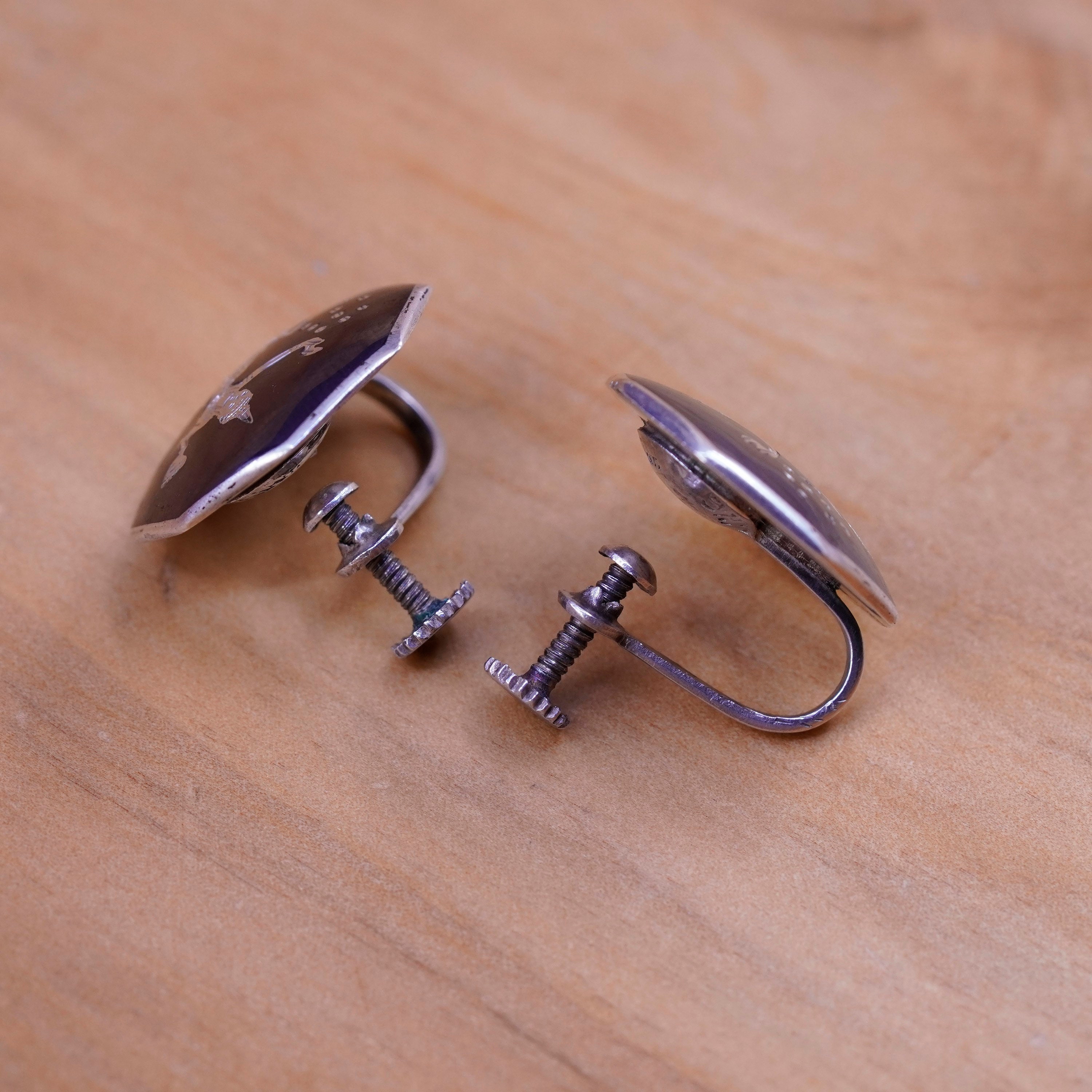 Boucles D'oreilles Clips Vintage En Argent Niellé - Motif éventails Siam, 35x23mm