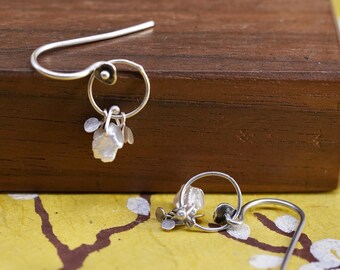 Vintage Sterling silver handmade earrings, 925 circle with pearl and disc dangles, silver tested