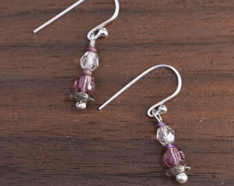 Vintage Sterling silver handmade earrings, solid 925 silver hooks with crystal beads, silver tested