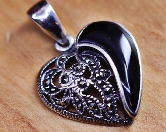 Vintage Sterling 925 silver handmade charm pendant with heart obsidian and marcasite, stamped 925