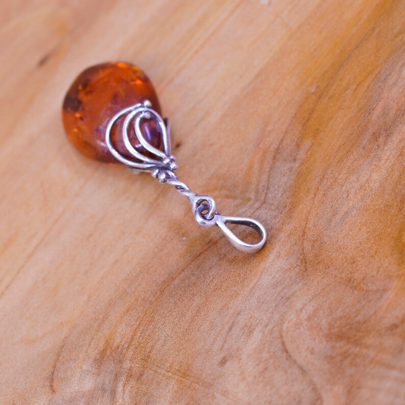 stamped 925 Vintage Sterling 925 silver handmade teardrop pendant with Amber pendant