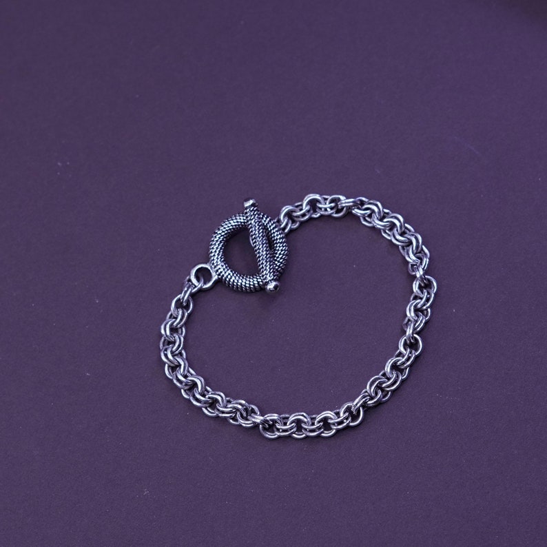 6.5\u201d vintage Sterling silver handmade charm bracelet silver tested 5mm 925 double circle link chain with toggle closure