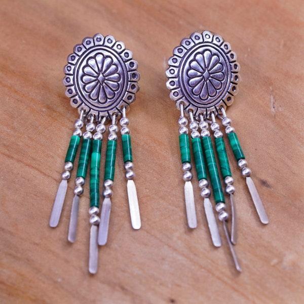 Vintage Quoc Turquoise Q.T. Sterling Silver Handmade Earrings, 925 studs with malachite and fringe drops, Stamped QT Sterling