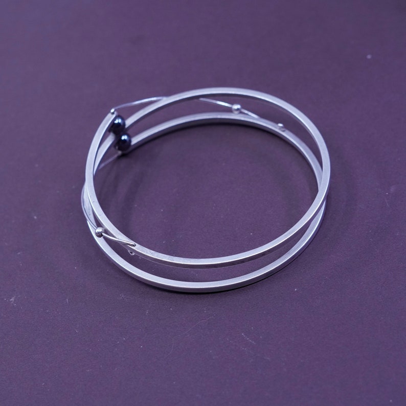 Vintage modern Sterling silver handmade bracelet 925 bangle with hematite 8.25\u201d silver tested